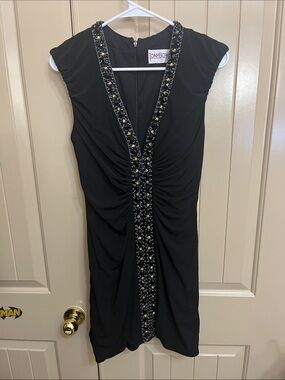 Tony Bowls Black Midi Dress with Embellished Beaded Plunge